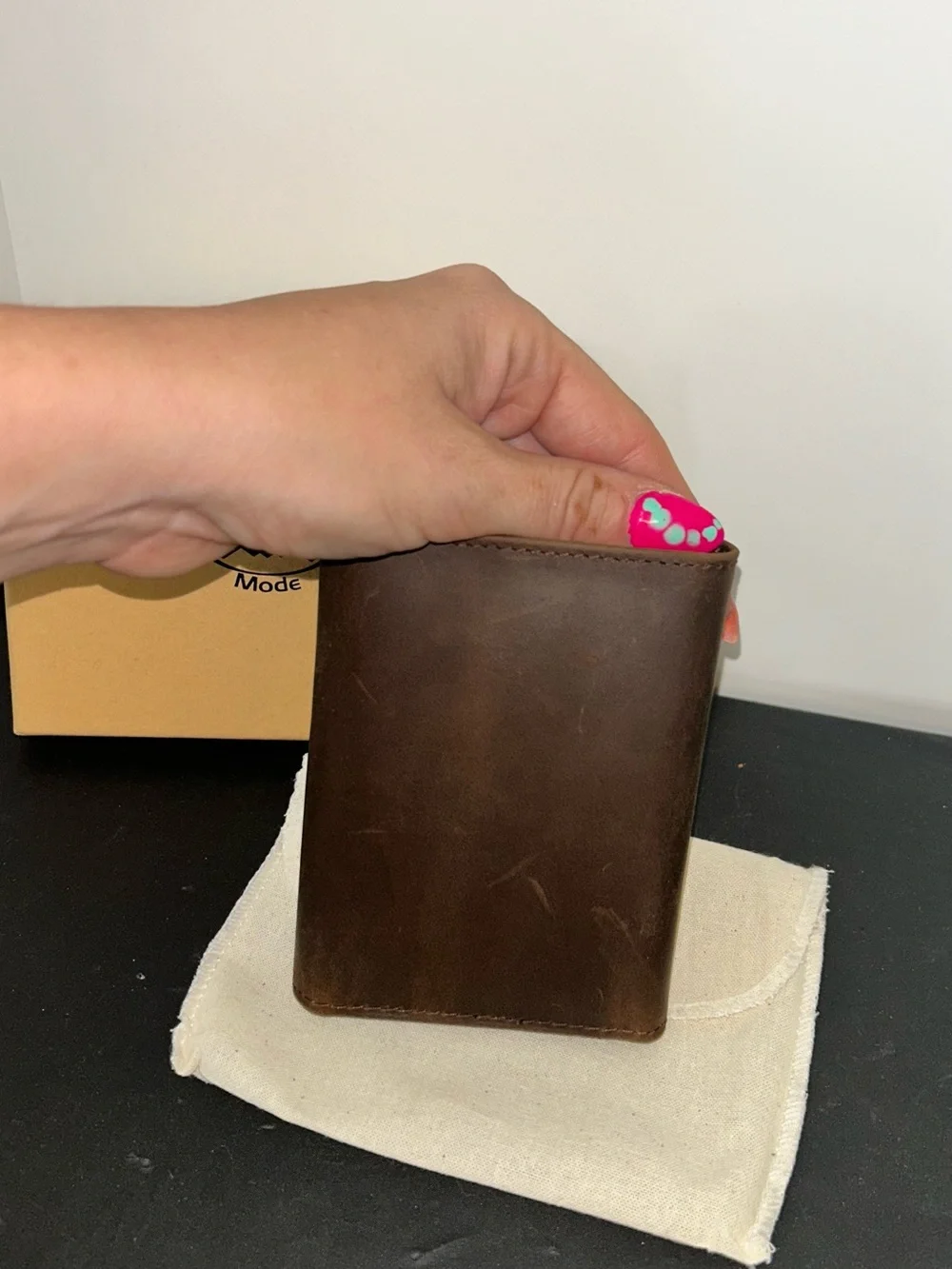 Leather Trifold Wallet with ID Window - Dark Brown